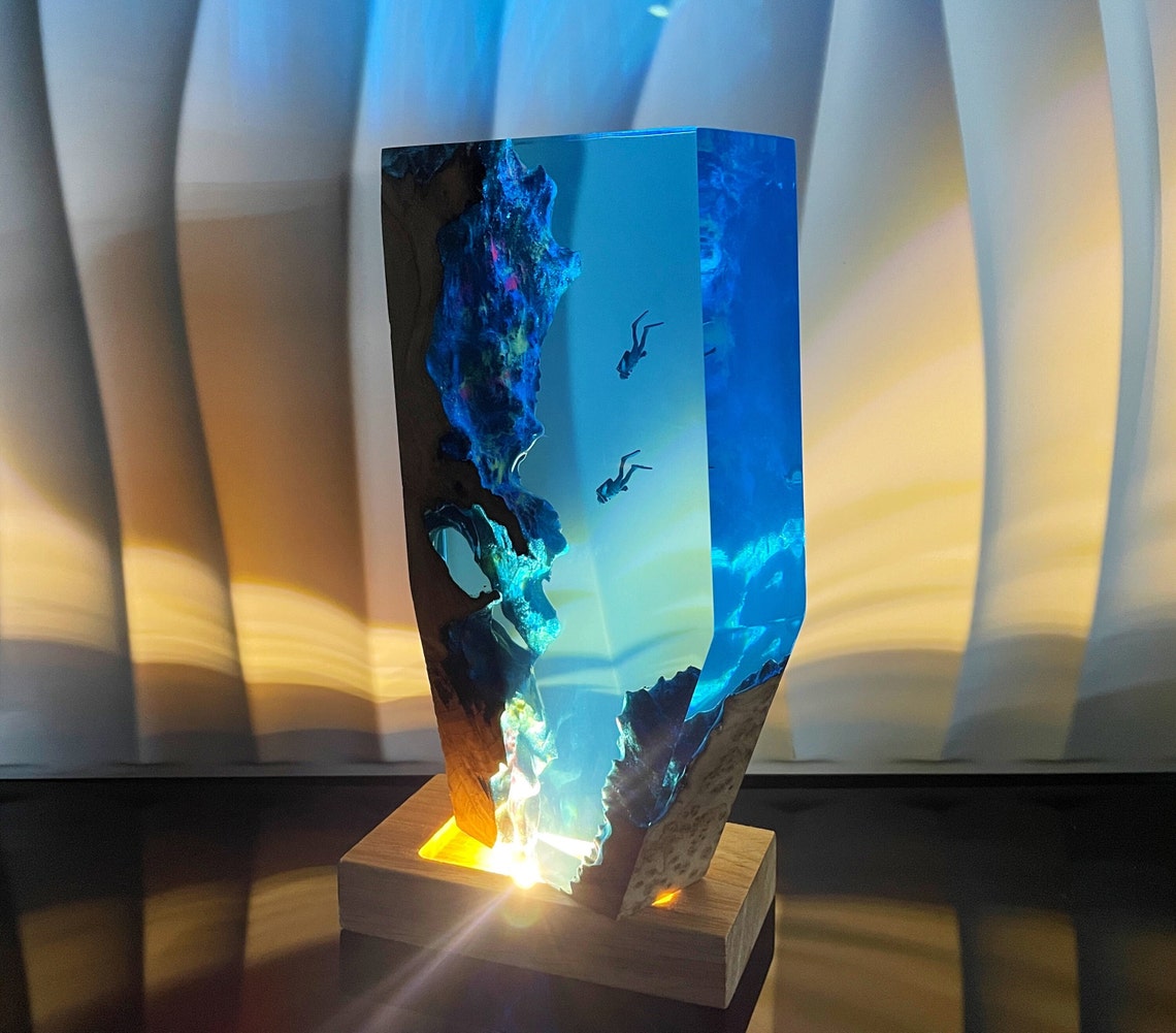 Deep Sea Diver Resin Night Light, Handmade Ocean Wave Lamp on Engravable Wooden Base, Freediving Gift