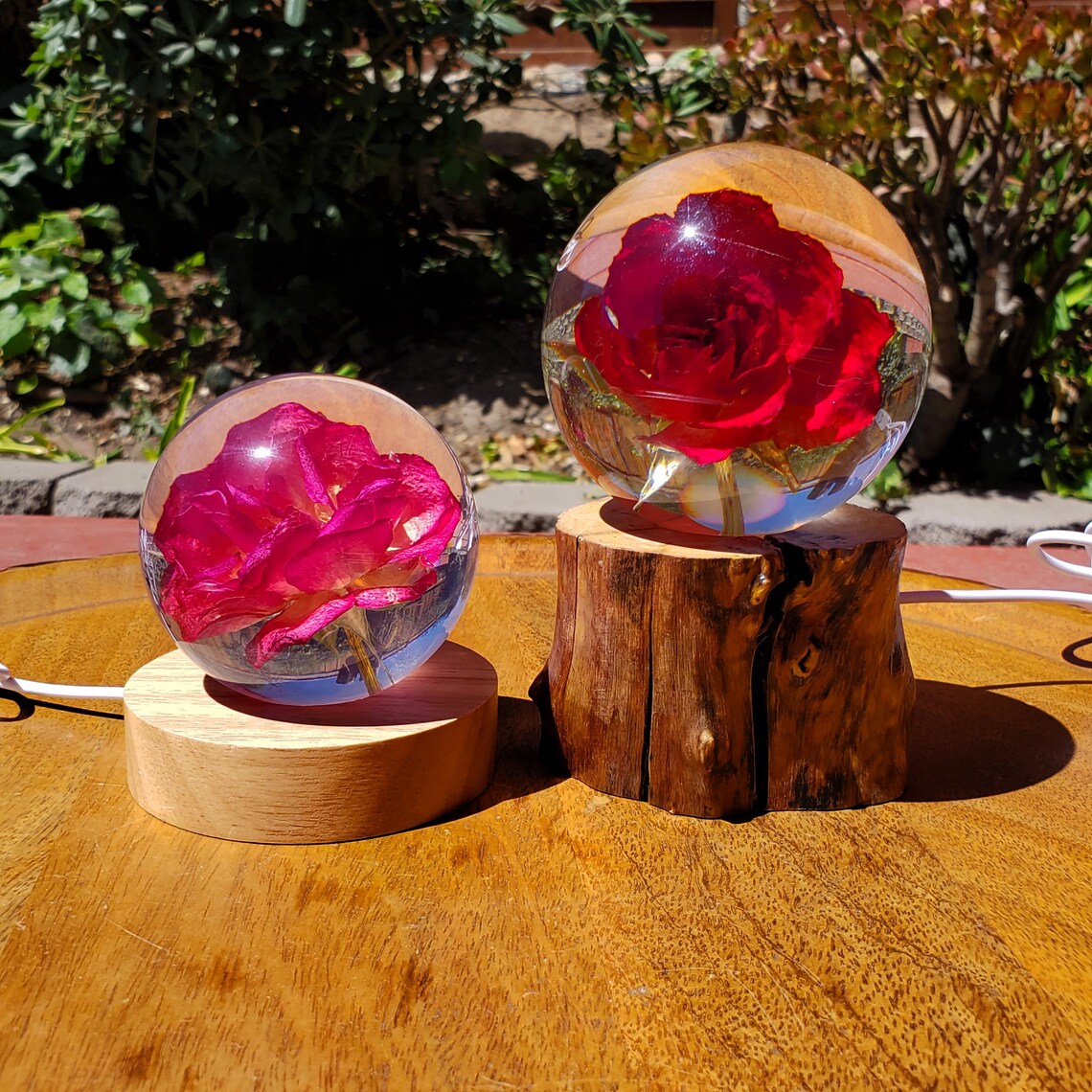 Rose Accent Light with Wooden Stand, Handmade Resin Sphere with Real Rose Inside, Flower Gift Mood Lamp