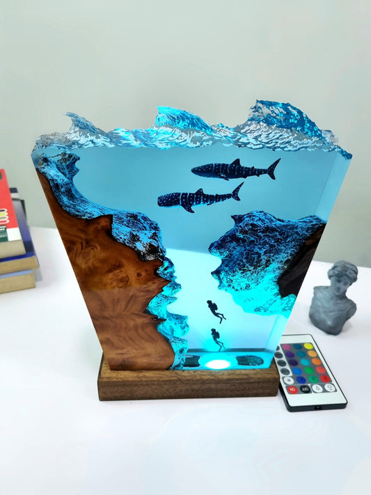 Whale Shark Resin Lamp, Handmade Ocean Diorama Night Light, Epoxy Resin Wood Art with Crystal Lights, Scuba Diver Decor, Unique Birthday Gift
