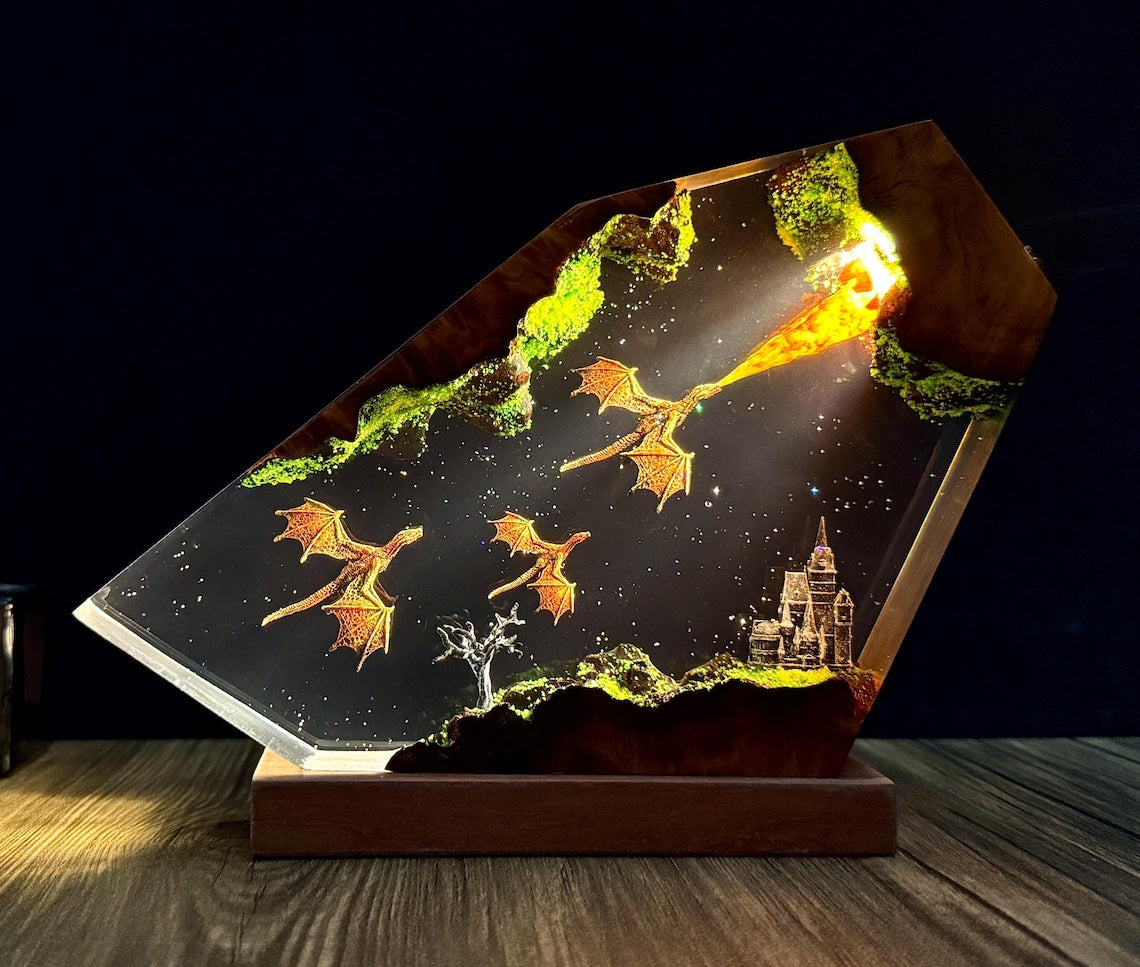 Handmade Resin Dragon Lamp, Fire and Ice Epoxy Wood Night Light, 3D Dragon Table Lamp, Lighting Home Decor, Valentines Gift