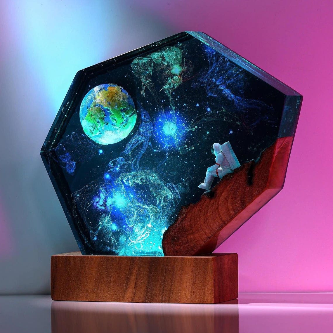 Earth and Astronaut Epoxy Resin Lamp, Handmade Wooden Space Desk Light, Galaxy Home Decor Gift