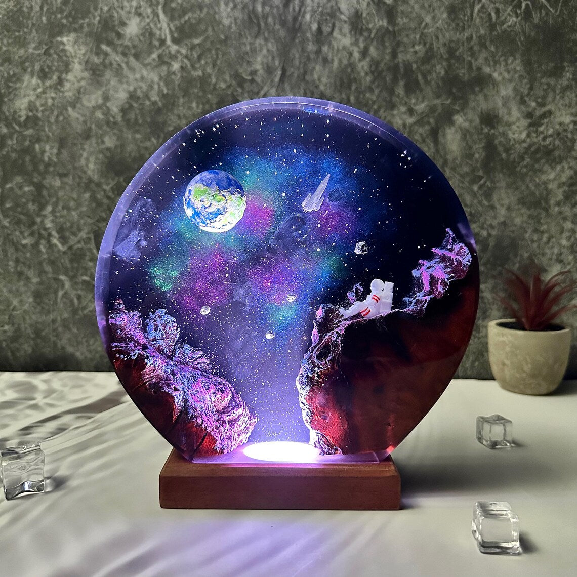 Galaxy Space Resin Lamp, Astronaut and Universe Night Light, Engravable Wooden Base, Handmade Table Decor
