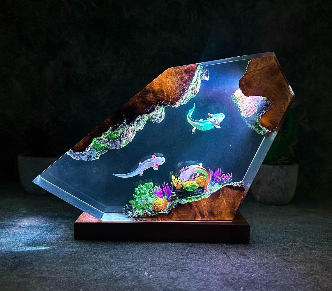 Axolotl Resin Lamp, Handmade Epoxy Resin Night Light, Ocean Wooden Desk Decor, Custom Christmas Gift for Kids