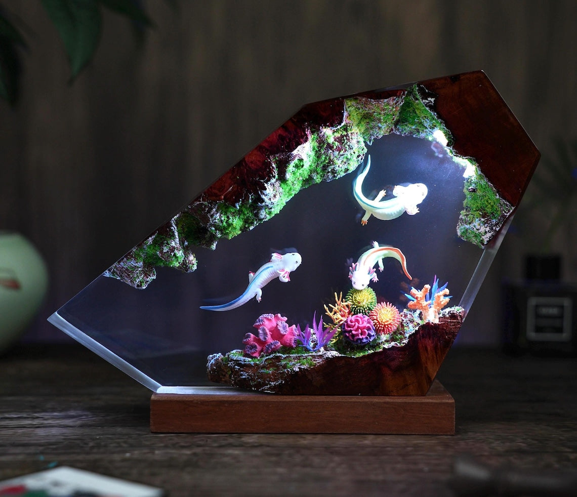 Axolotl Diorama Resin Lamp, Mexican Salamander Night Light, Handmade Epoxy Wood Desk Lamp, Resin Art Home Decor Gift for Him