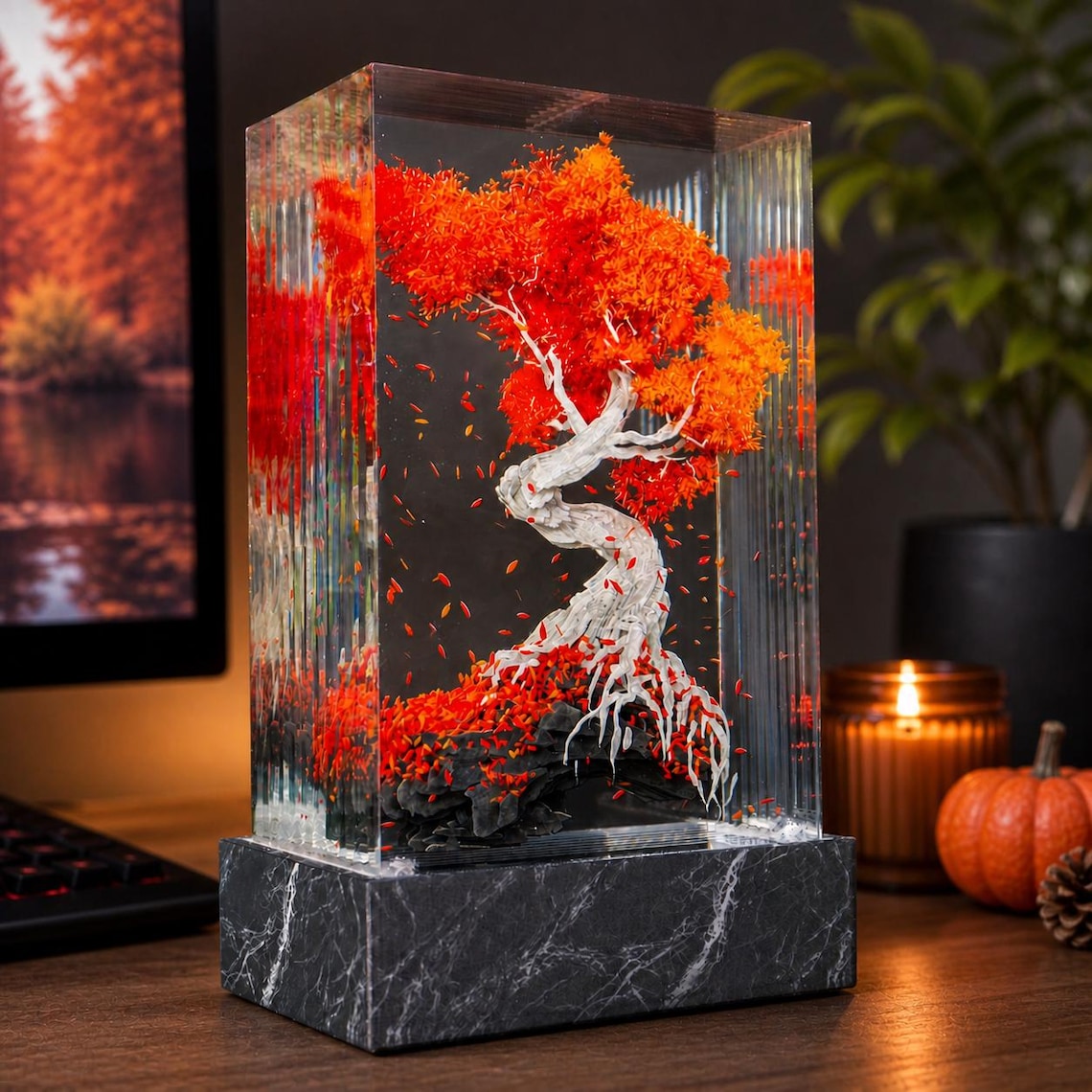 Autumn Bonsai Tree Resin Lamp, Fall Foliage Night Light Sculpture, Handmade Maple Leaf Epoxy Desk Decor