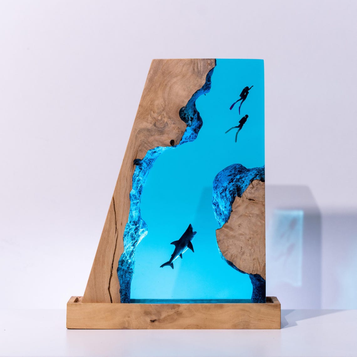 Shark and Scuba Diver Ocean Resin Night Light, Personalized Epoxy Resin Lamp, Ocean Lover Birthday Gift, Desk Decor