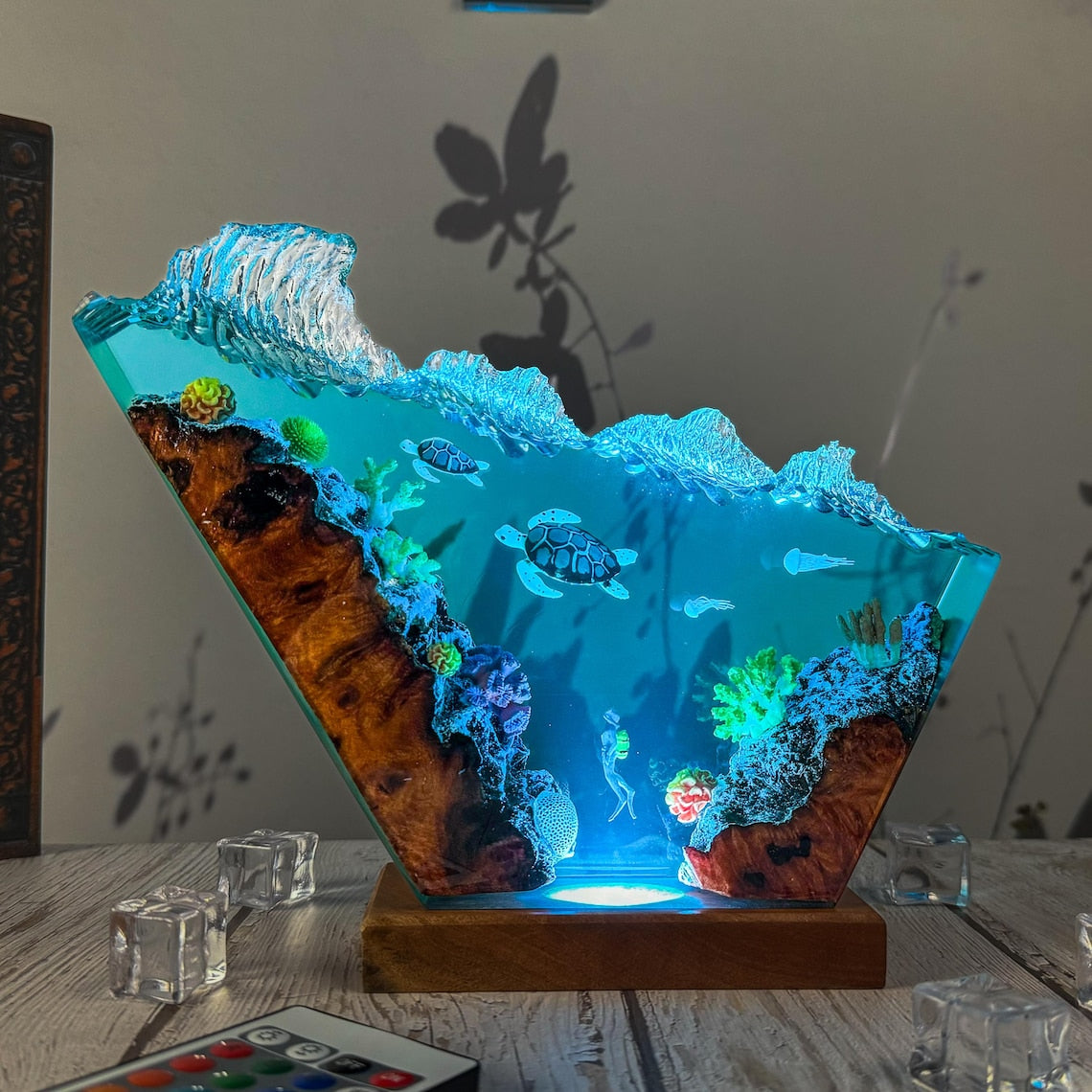 Sea Turtle Resin Lamp, Underwater Coral Reef Epoxy Art Night Light with Wave Top and LED Wood Base, Handmade Coastal Ocean Lover Gift