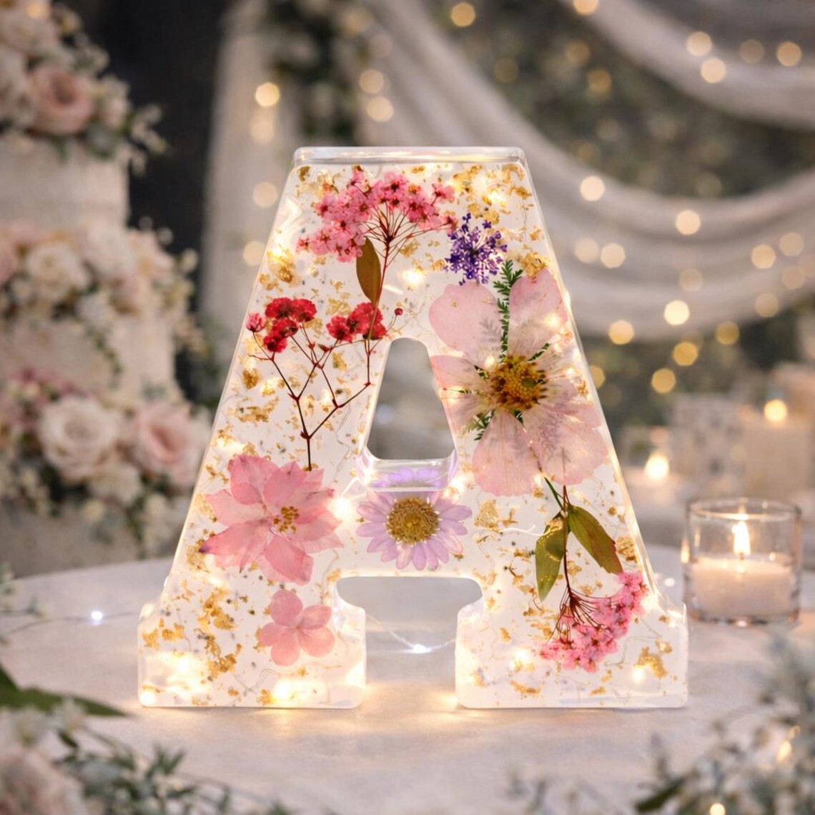 Pressed Flower Resin Letter Lamp, Light Up Initial Night Light, Custom Wedding Sweetheart Table Decor, Dried Flower Bridal Shower Gift