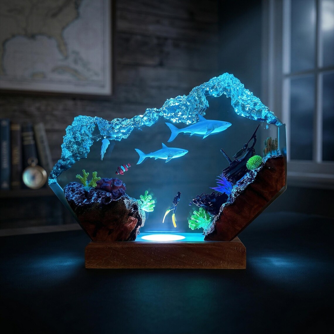 Great White Shark and Scuba Diver Resin Lamp, Epoxy Ocean Night Light, Handmade Minimalist Desk Lamp, Birthday Gift for Him