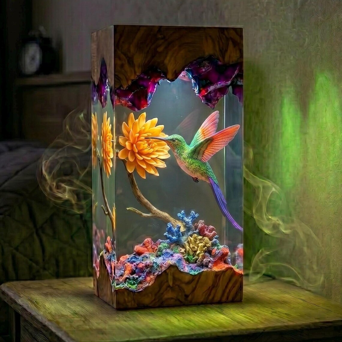 Colorful Hummingbird Resin Lamp, Handmade Nature Inspired Wood Light, Bedroom Desk Lamp, Father's Day Gift