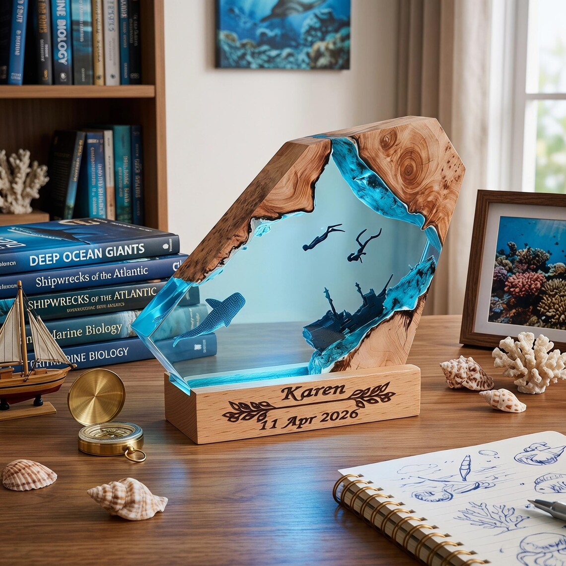Personalized Shark Ocean Resin Lamp with Engraved Name and Date, USB Epoxy Night Light for Home Office Decor, Scuba Diver Gift