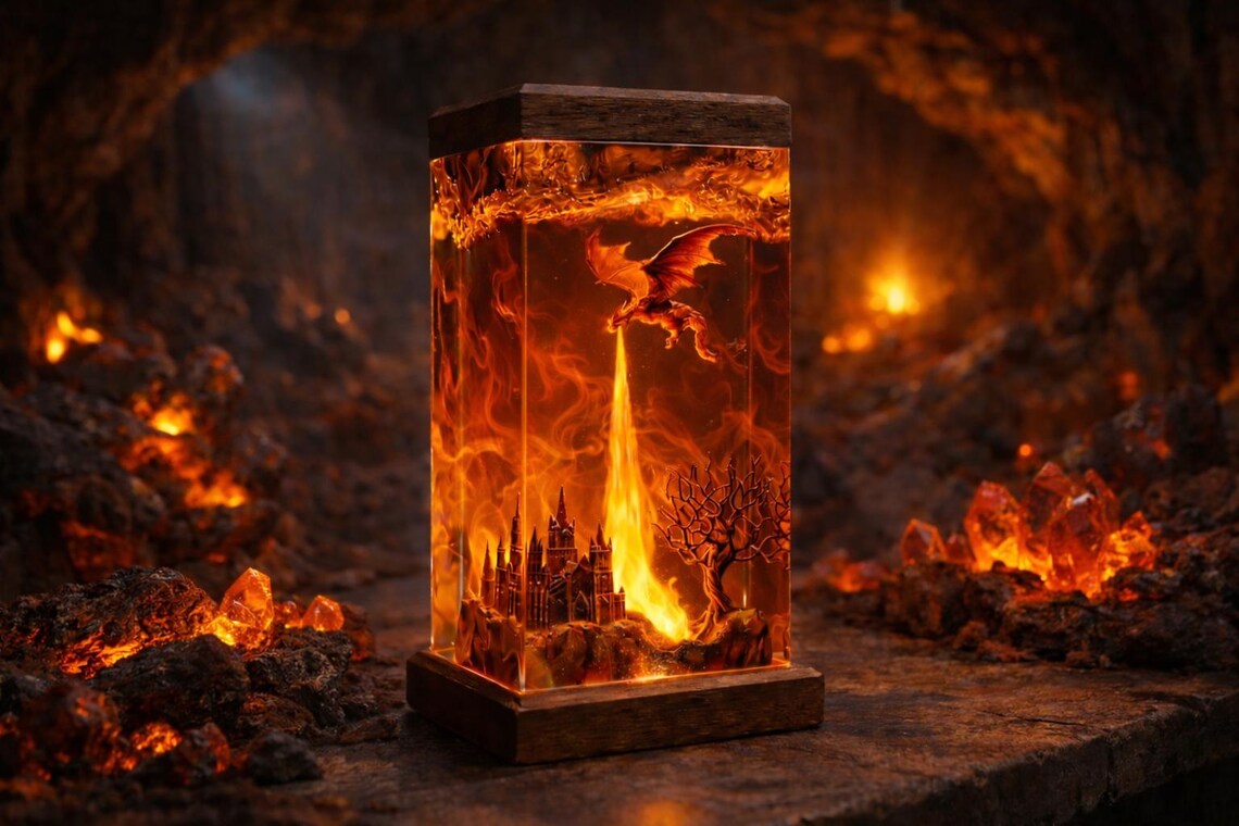 Fire Breathing Dragon Resin Lamp, Moss Cave Epoxy Table Lamp, Handmade Dragon Statue Night Light, Halloween Gift