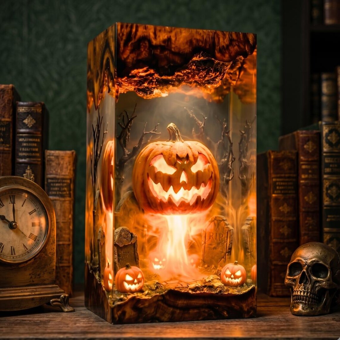 Jack O Lantern Resin Lamp, Halloween Haunted Forest Diorama Night Light, Gothic Desk Decor, Spooky Gaming Setup Gift Him