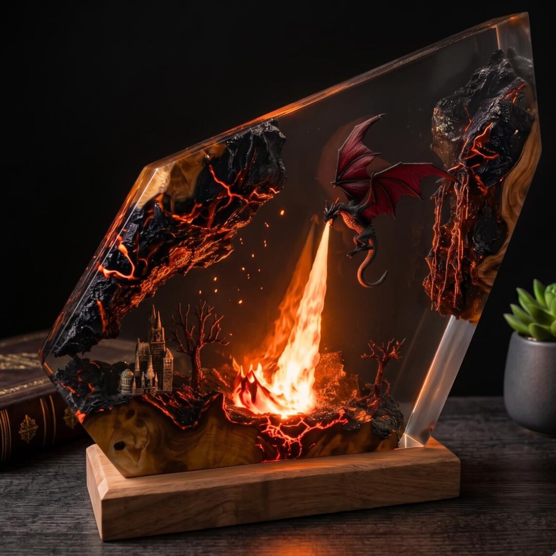 Fire Dragon Crystal Resin Lamp, Castle Lava Cave Night Light, Color Changing Diorama, Handmade Epoxy Gamer Desk Decor Gift for Him