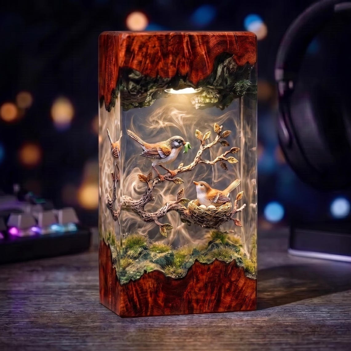 Sparrow Nest Resin Lamp, Father Bird Feeding Family Night Light, Handmade Woodland Nature Decor, Colorful Hummingbird Epoxy Lamp