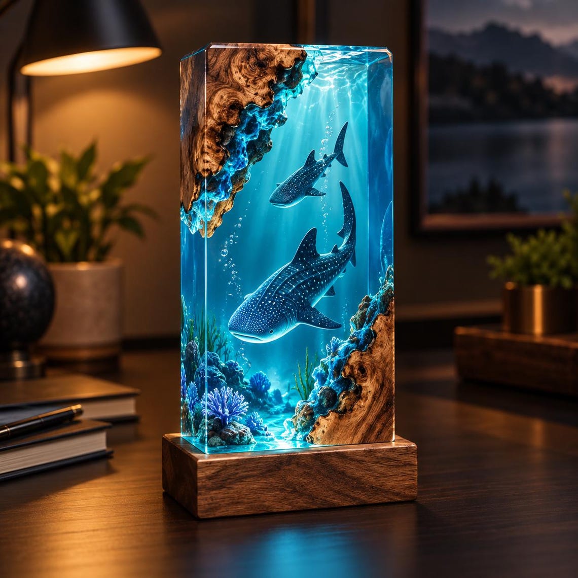 Whale Shark Resin Lamp, Ocean Night Light, Handmade Epoxy Wood Lamp, Marine Life Decor, Deep Sea Resin Art, Beach House Gift for Him