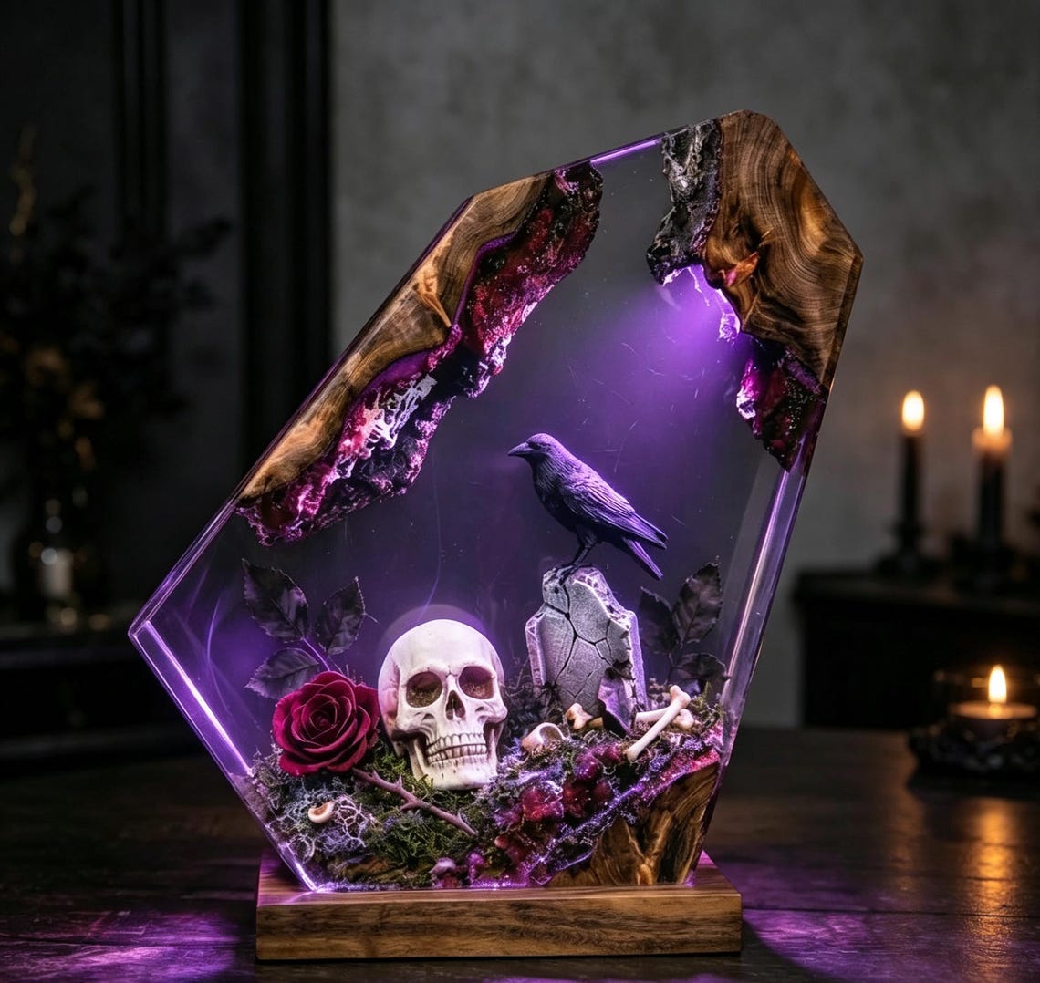 Handmade Skull Raven Rose Epoxy Resin Lamp, Gothic Diorama Night Light, Dark Fantasy Resin Decor, Halloween Spooky Goth Desk Ornament