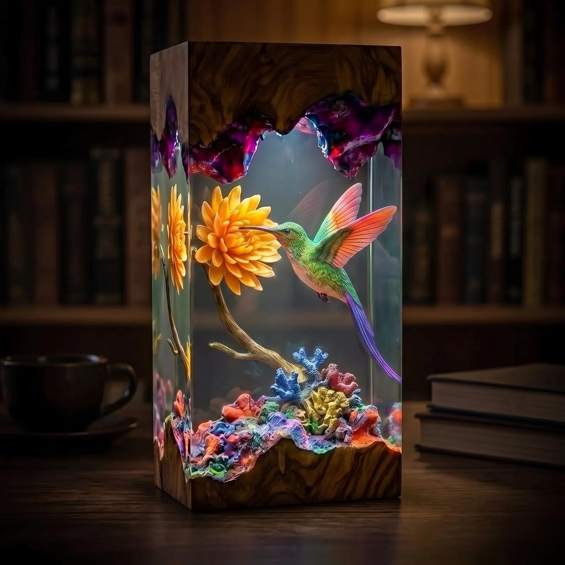 Hummingbird Resin Lamp, Japanese Inspired Epoxy Night Light, Table Lamp, Hummingbird Art, Nature Lover Gift for Her, Animal Lover Lamp