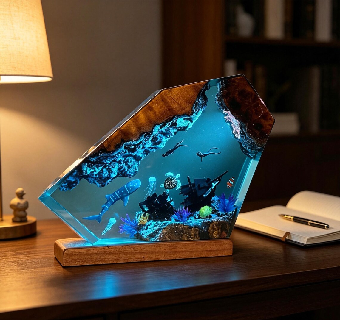 Handmade Ocean Resin Lamp, Shipwreck Diver Whale Shark Turtle Epoxy Night Light, Wooden Resin Table Lamp, Ocean Lover Gift