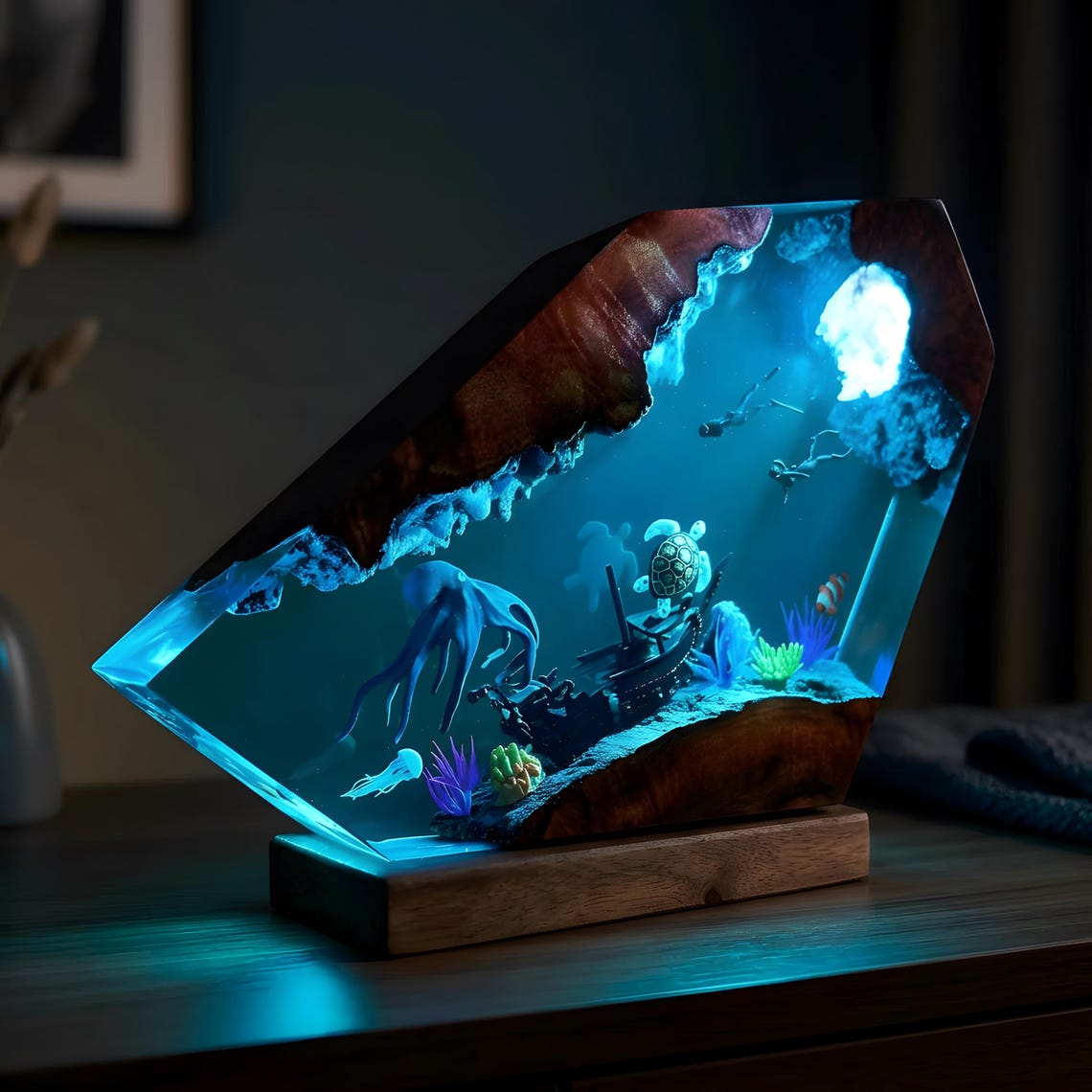 Octopus Sea Turtle Resin Lamp, Ocean LED Night Light, Underwater Diver Shipwreck Scene, Coral Reef Marine Life Decor, Scuba Diver Gift