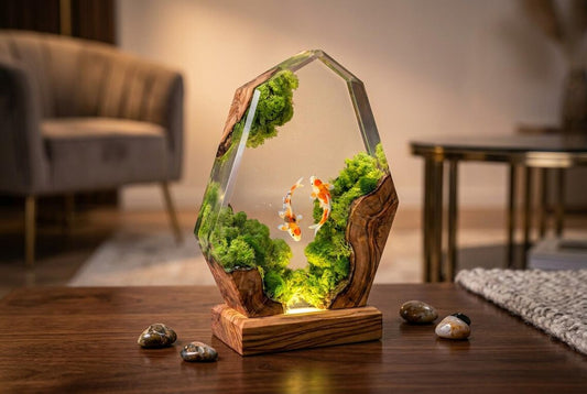 Koi Resin Lamp, Moss and Wood Night Light, Handmade Zen Forest Desk Decor, Japandi Nature Inspired Table Lamp