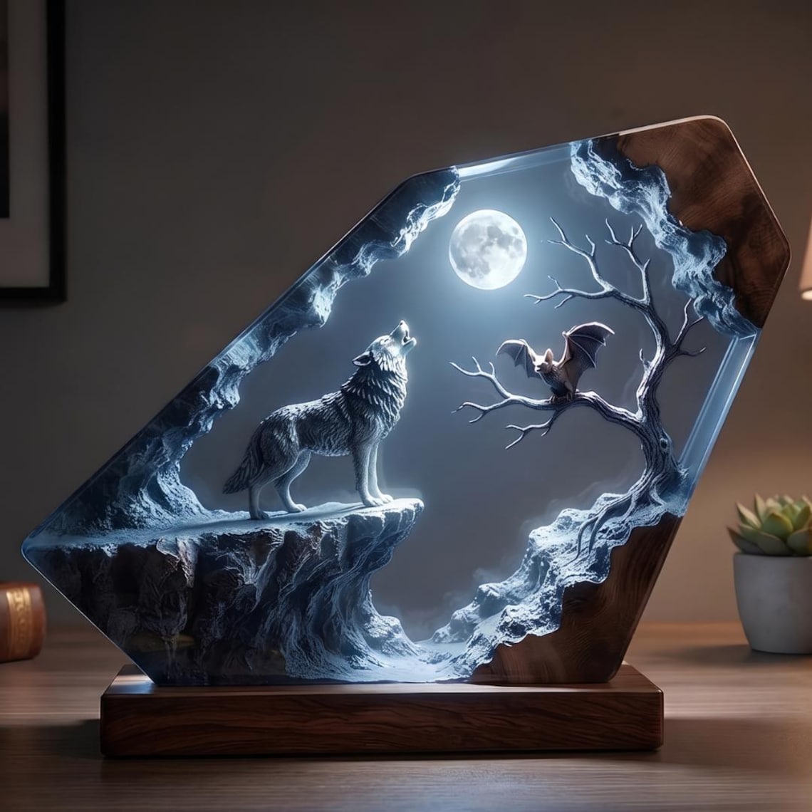 Color Changing Wolf Resin Lamp, Howling Wolf Full Moon Diorama, Epoxy Wood Night Light with RGB Remote