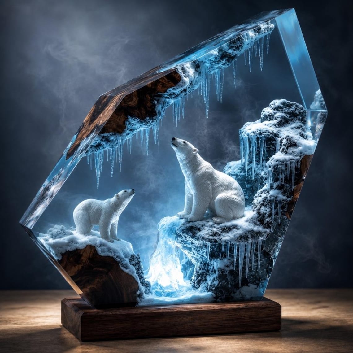 Polar Bear and Iceberg Resin Lamp, Arctic Winter Diorama Night Light, Colour Changing Epoxy Wood Desk Decor