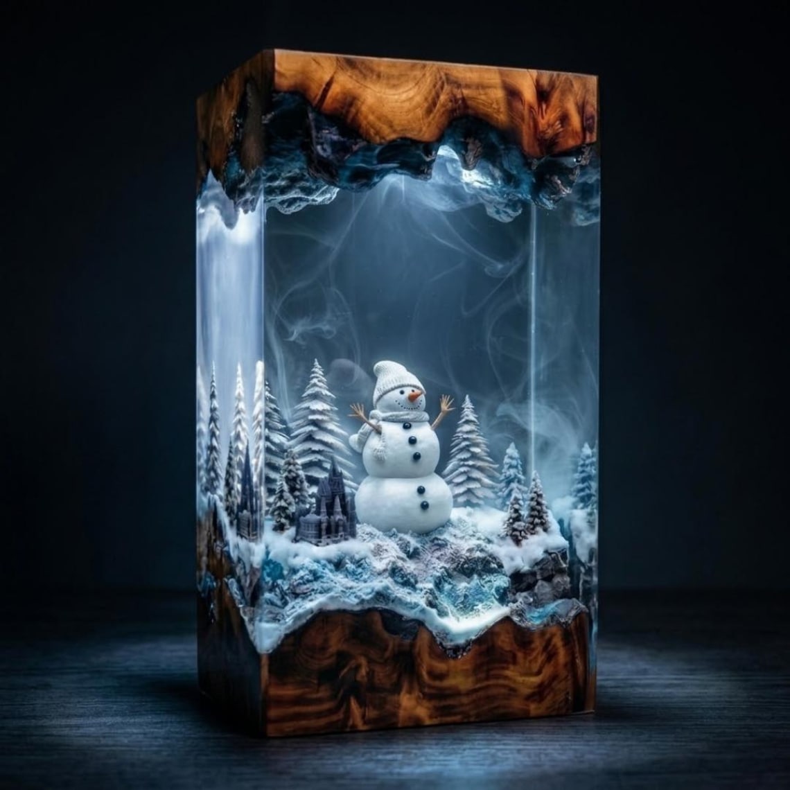 Snowman and Pine Forest Winter Diorama Resin Lamp, Color Changing Epoxy Resin Wood Night Light, Handmade Christmas Desk Decor