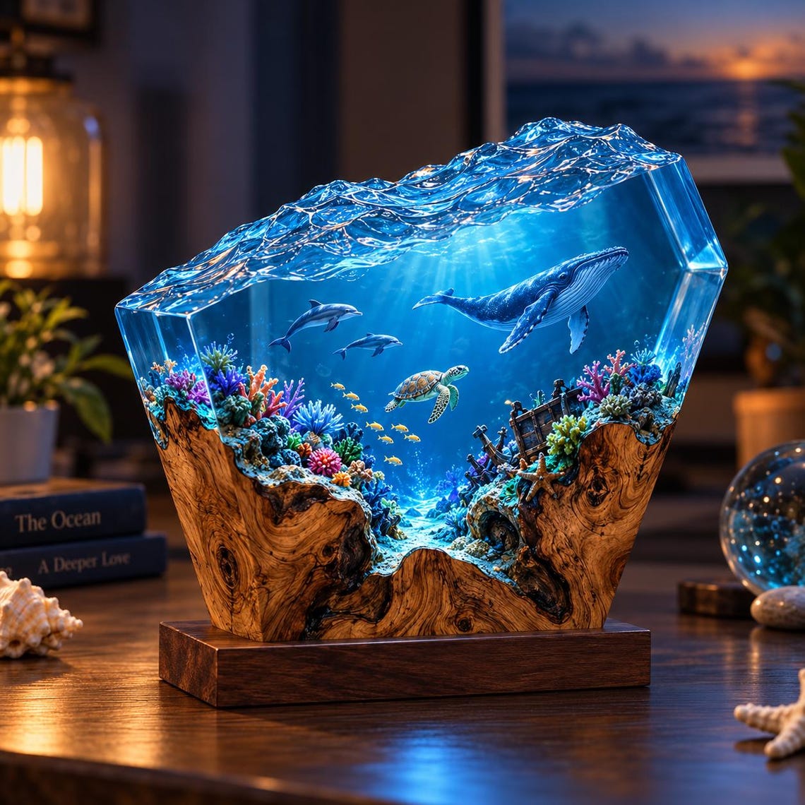 Ocean Resin Lamp, Underwater Epoxy Wood Night Light, Coral Reef Sea Turtle Whale Shark Manta Ray Decor, Scuba Diver Christmas Gift for Him