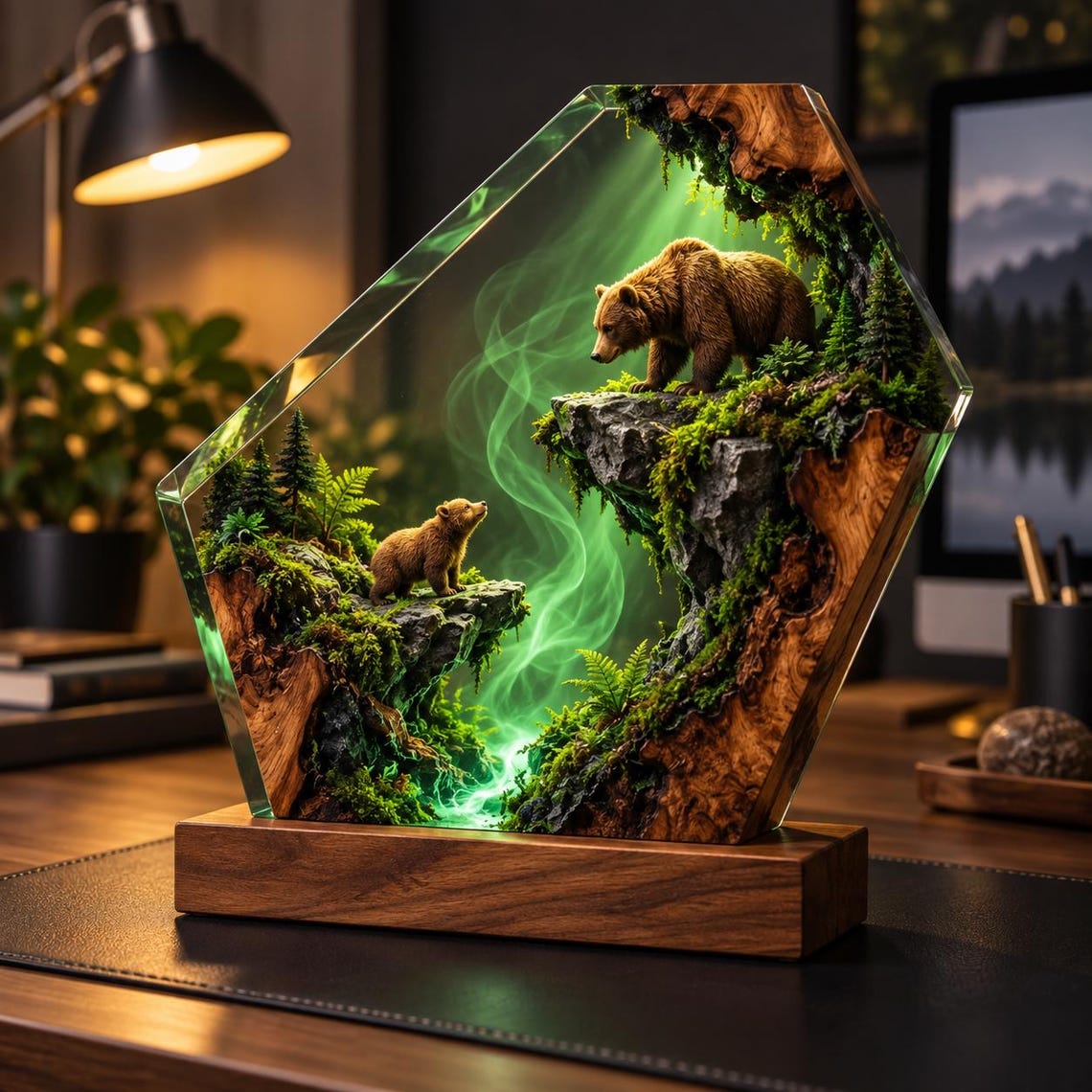 Bear Resin Lamp, Forest Wildlife Night Light, Handmade Epoxy Wood Desk Decor, Green Woodland Table Lamp, Rustic Cabin Nature Gift