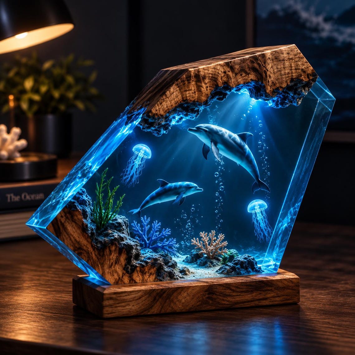 Dolphin Resin Wood Lamp, Jellyfish Ocean Diorama Epoxy Night Light, Underwater Sea Life Table Lamp, Coastal Decor, Gift for Her