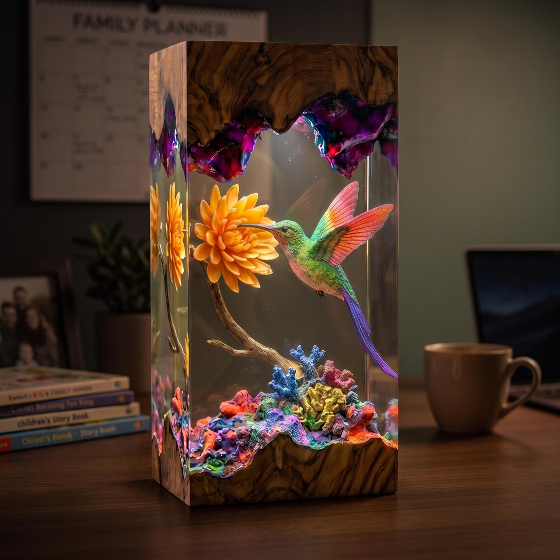 Hummingbird Resin Lamp, Handmade Wildflower Night Light, Cottagecore Room Decor, Wedding or Housewarming Gift for Mom