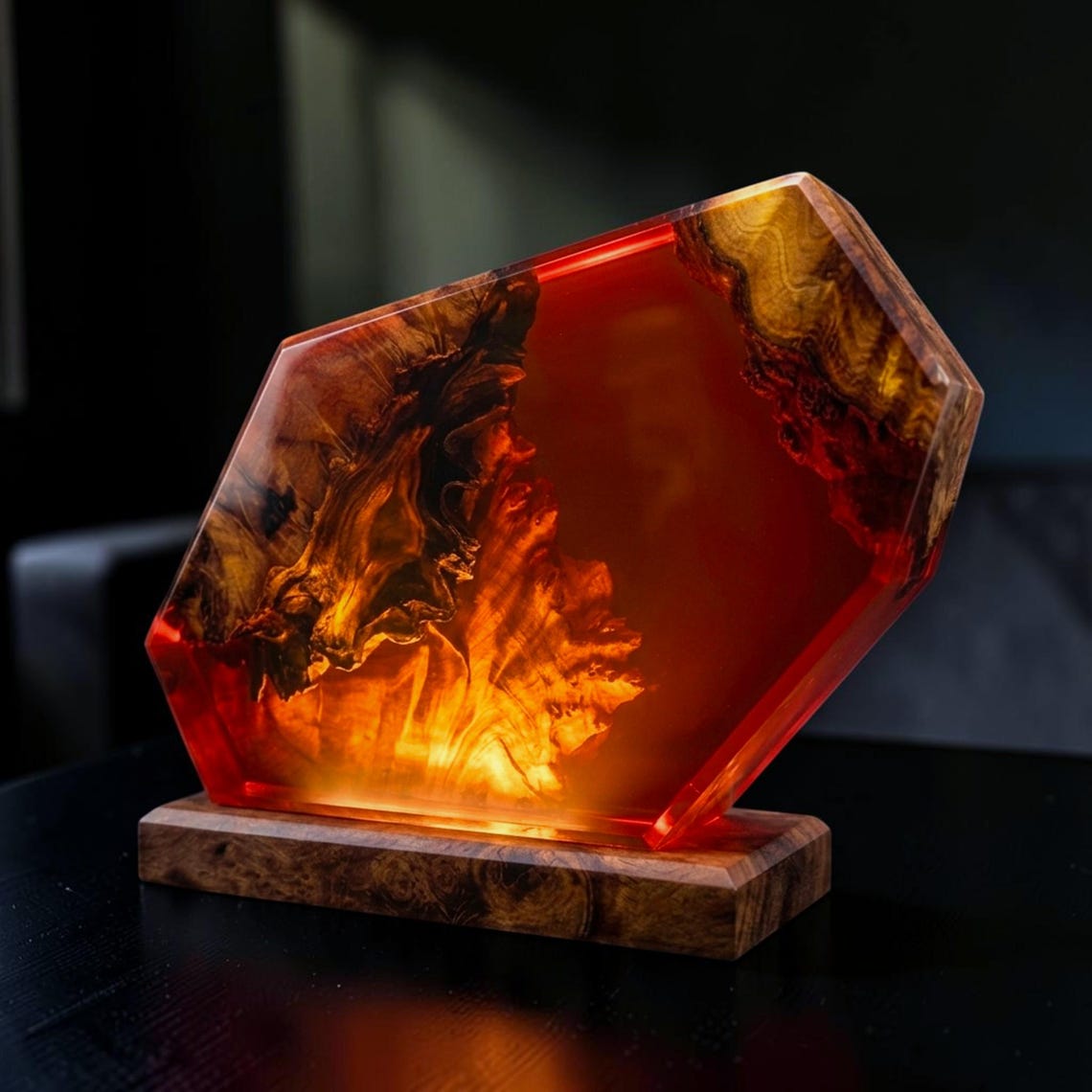 Handmade Red Resin Lamp, Red Amber Burl Wood Desk Light, Ambient Epoxy Night Light, Bookshelf and Game Room Decor, Housewarming Gift for Him