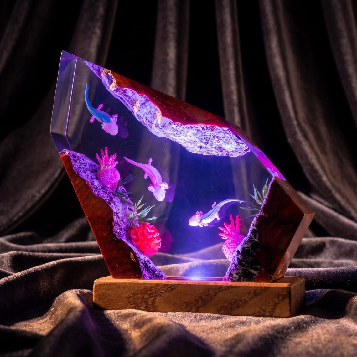 Axolotl Aquarium Resin Lamp, Aquatic Animal LED Night Light, Cute Axolotl Decor, Epoxy Bamboo Desk Art, Nature Lover Christmas Gift