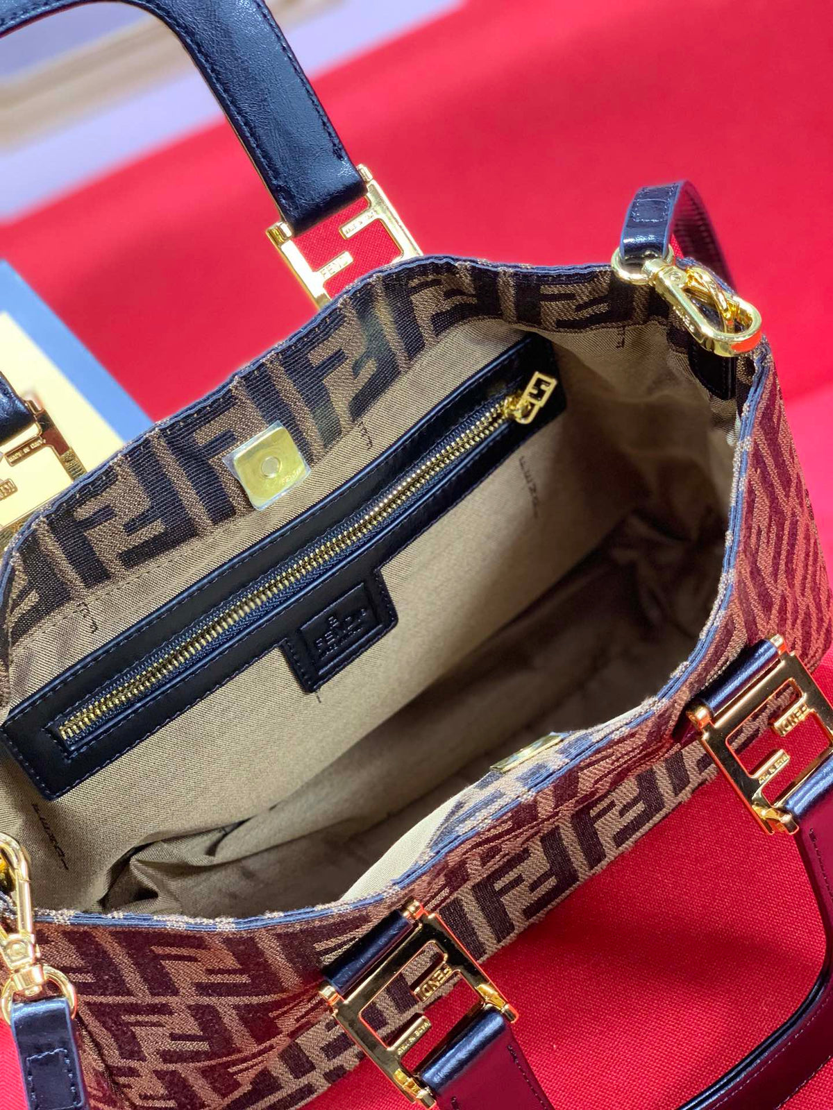 Fendi Monogram Zucca Canvas Small Sunshine Shopper Bag with Gold-Tone Hardware