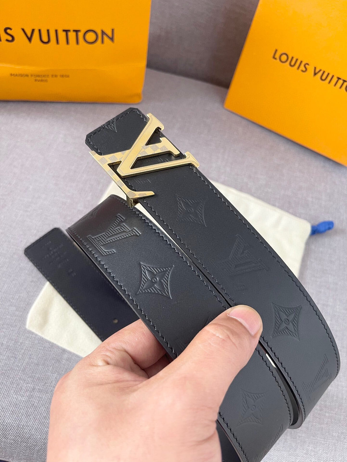 Louis Vuitton LV Initiales Belt Monogram Shadow Black Leather with Gold Buckle, 40mm Men's Designer Fashion Accessory with Box and Dust Bag