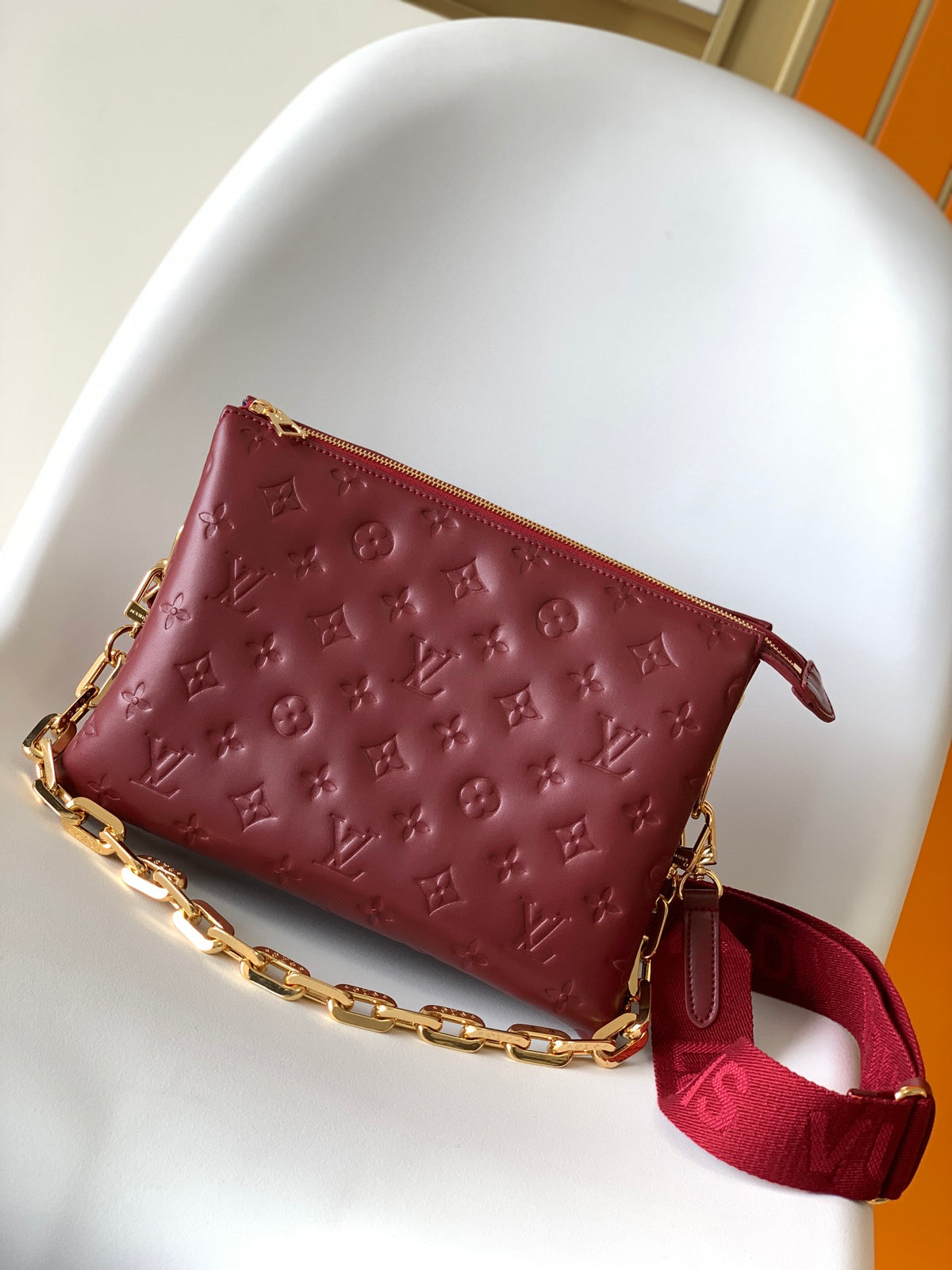 Monogram Embossed Small Red Crossbody Bag with Wide Adjustable Strap