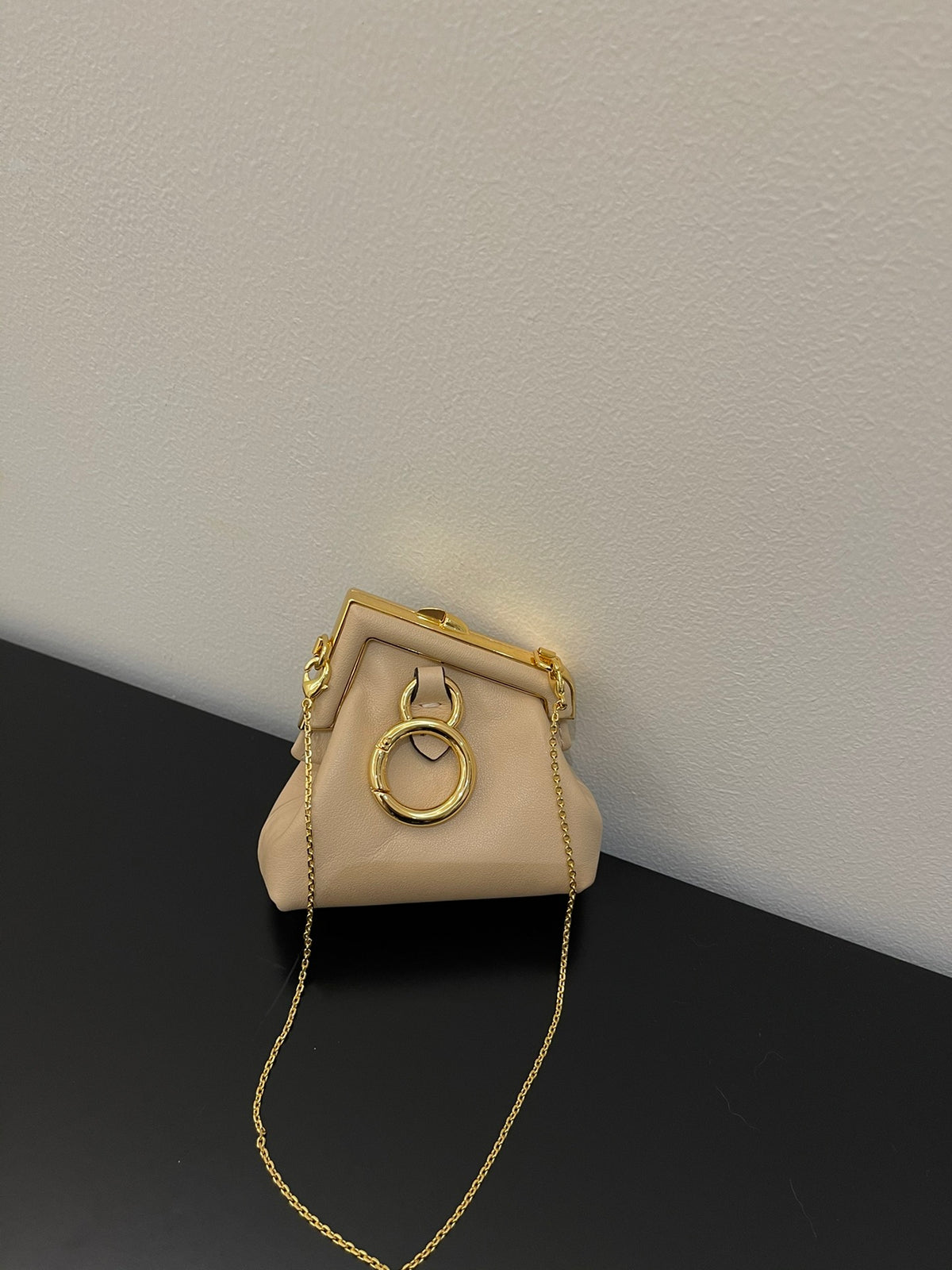 Nano Beige Leather Pouch with Gold Chain Strap and Metal Frame Closure