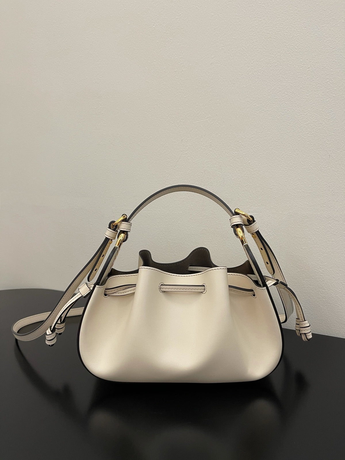 Mini Cream Leather Bucket Bag with Crossbody Strap