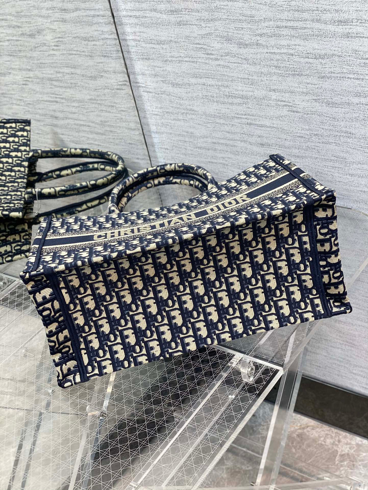 Christian Dior Medium Book Tote Blue Dior Oblique Embroidery Handbag