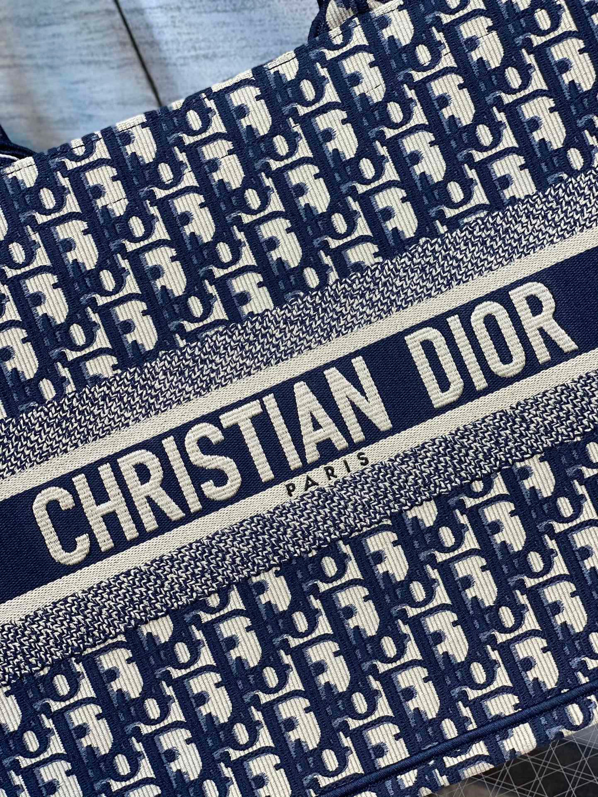 Christian Dior Medium Book Tote Blue Dior Oblique Embroidery Handbag