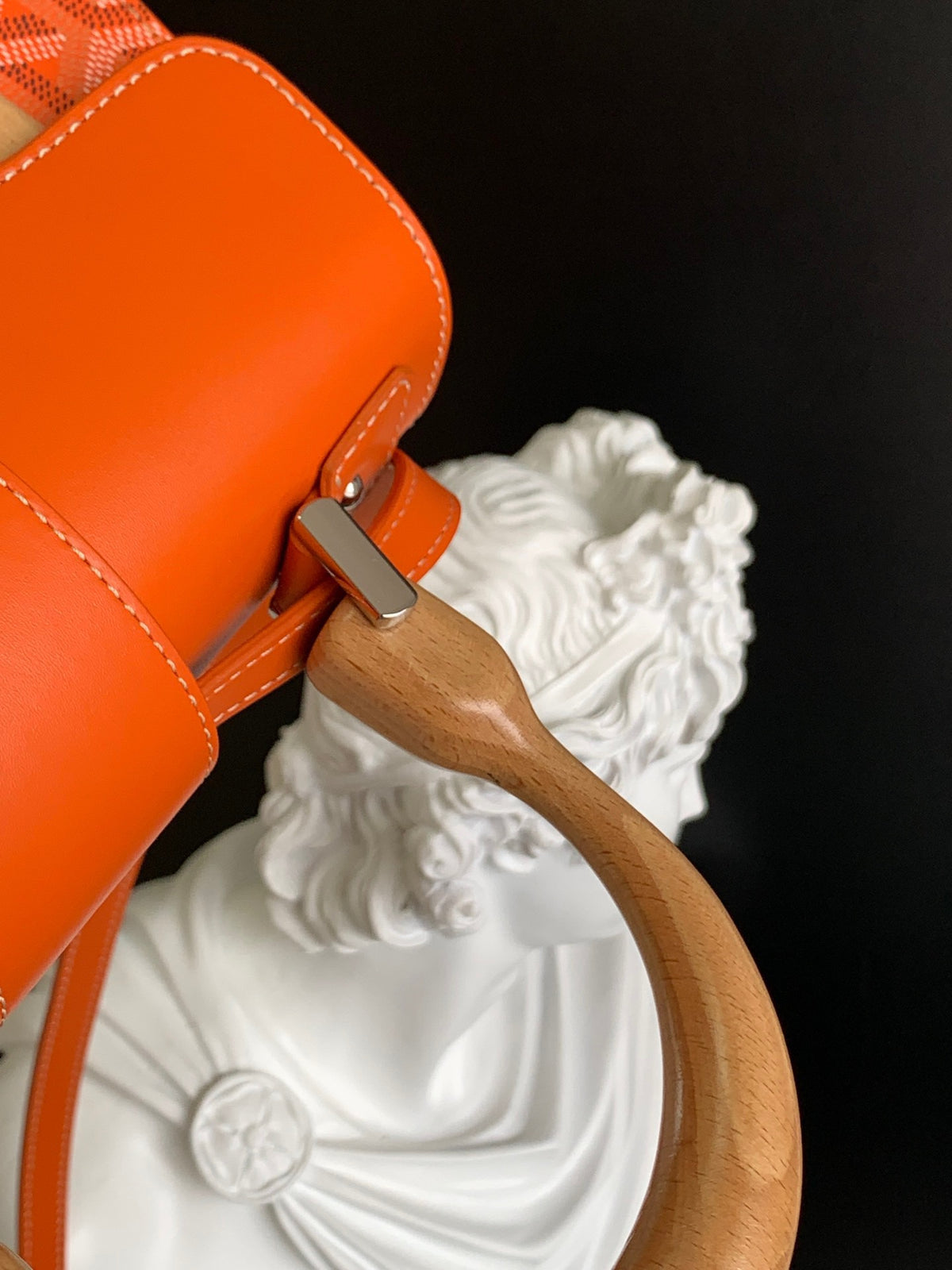 Gogy Orange Chevron Pattern Top Handle Handbag with Wooden Details