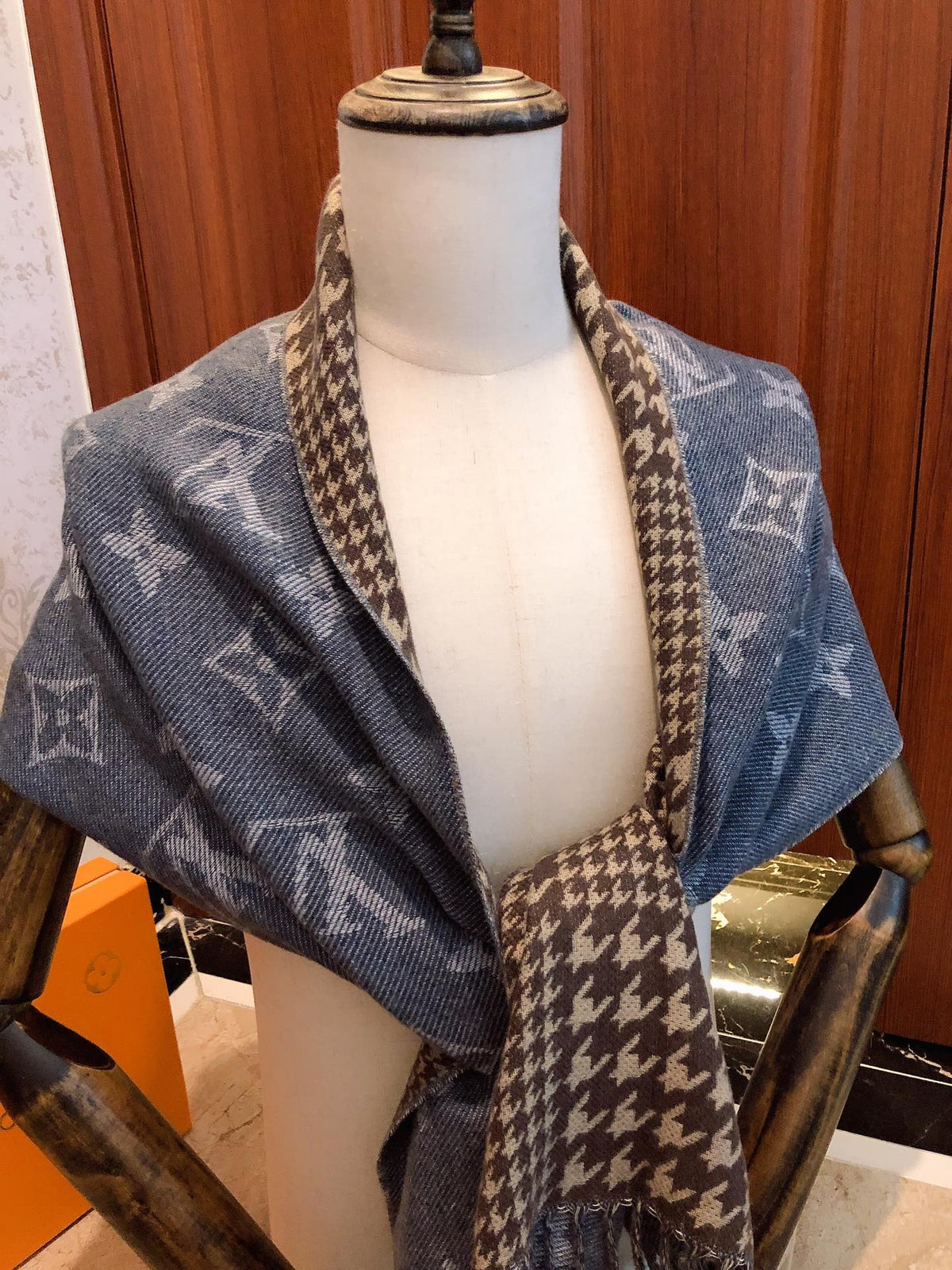 Louis Vuitton Monogram Denim Blue Reversible Wool Silk Scarf Shawl with Fringe