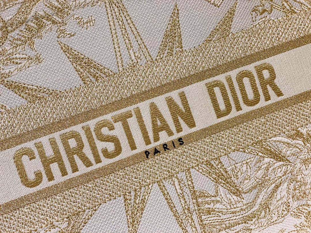 Dior Elegant Gold and White Embroidered Star Canvas Tote Bag