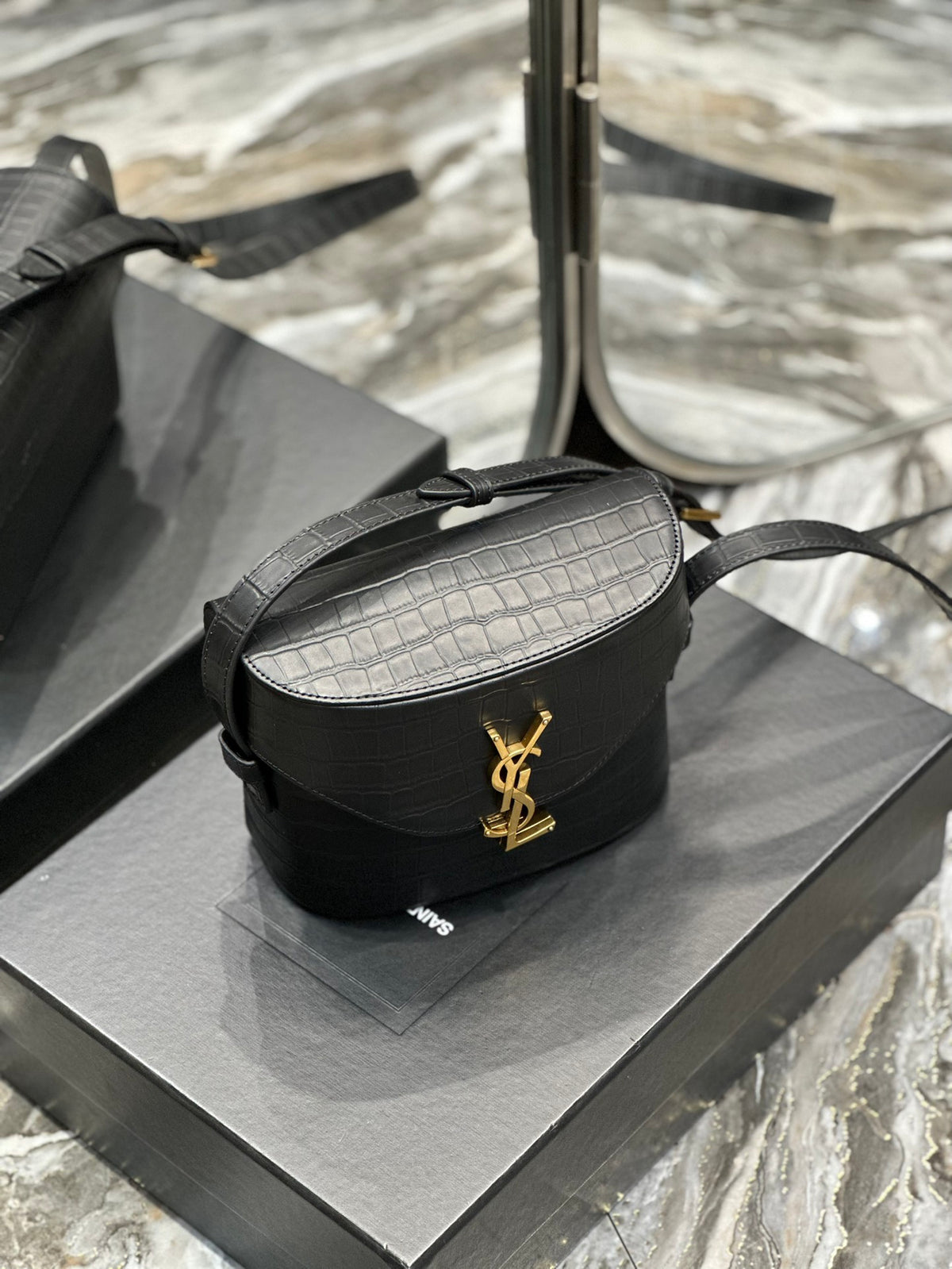 Saint Laurent YSL Small Kaia Crossbody Bag - Black Croc-Embossed Leather