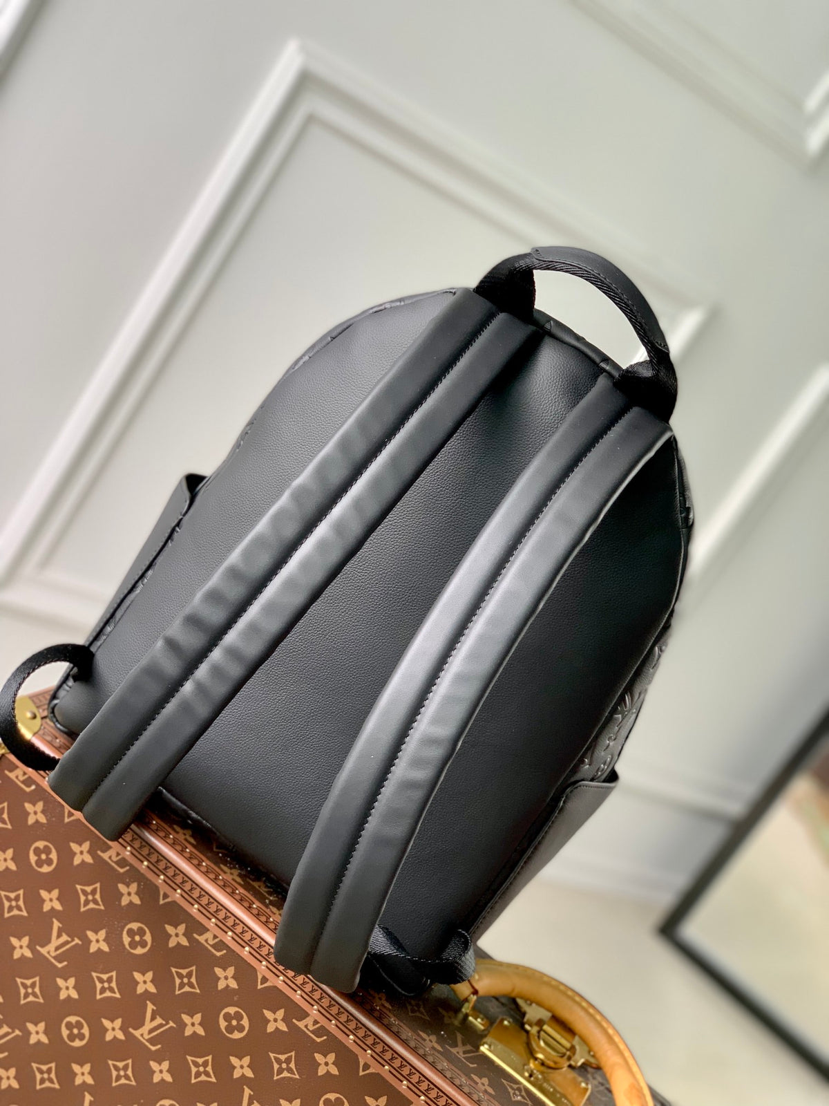 Louis Vuitton Matte Black Embossed Leather Monogram Pattern Unisex Backpack
