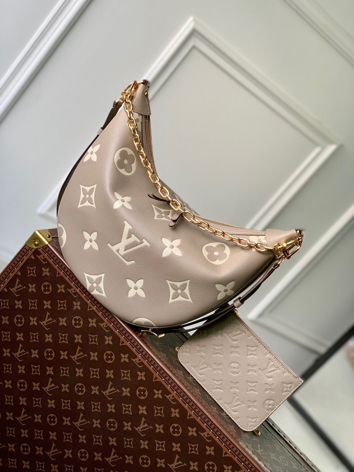 Louis Vuitton Elegant Monogram Print Taupe Leather Crescent Shoulder Bag
