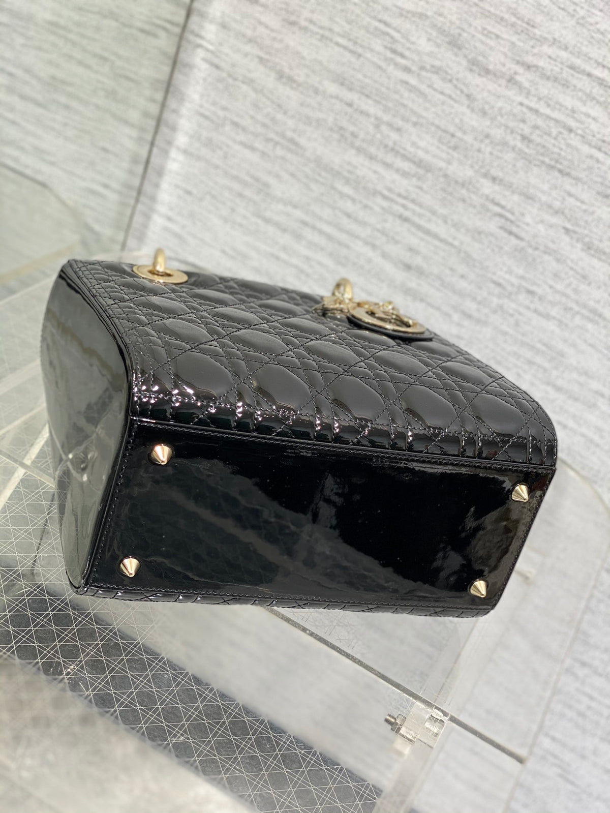 Dior Elegant Black Quilted Patent Leather Mini Handbag with Gold Hardware
