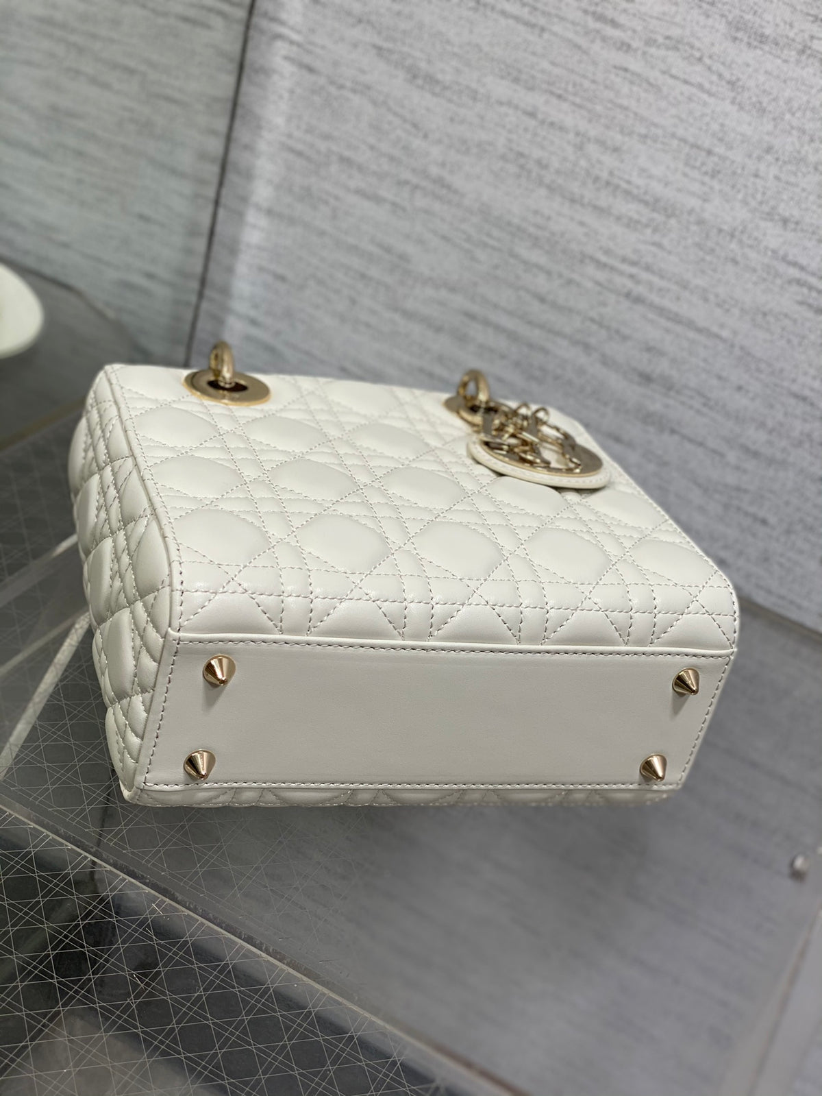 Dior White Quilted Leather Top Handle Handbag with Gold Hardware
