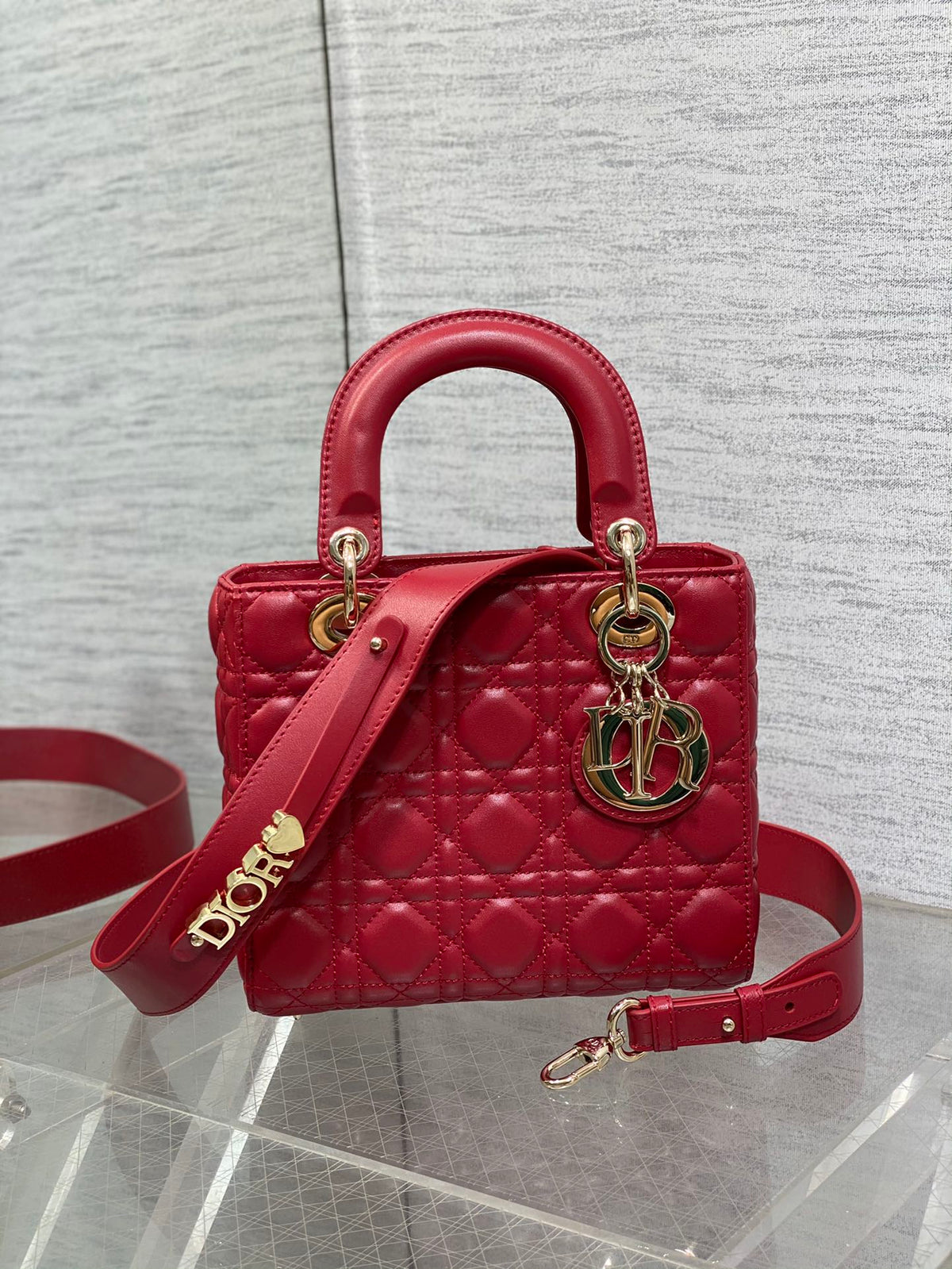 Dior Red Quilted Leather Mini Handbag with Top Handle and Shoulder Strap